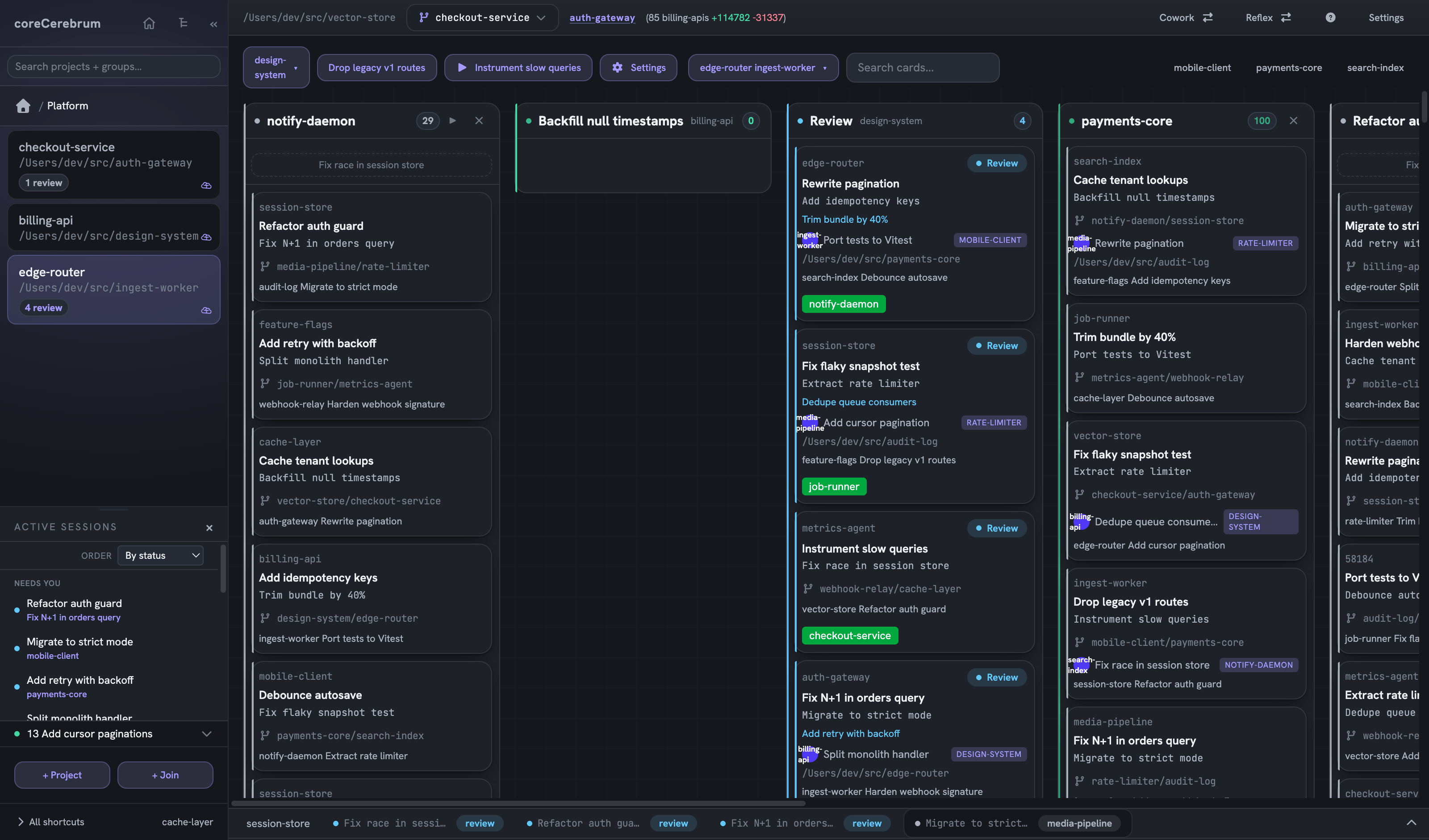The coreCerebrum lane board: columns of cards showing repository, task, branch name and diff counts, with a review panel and a live session ticker along the bottom.